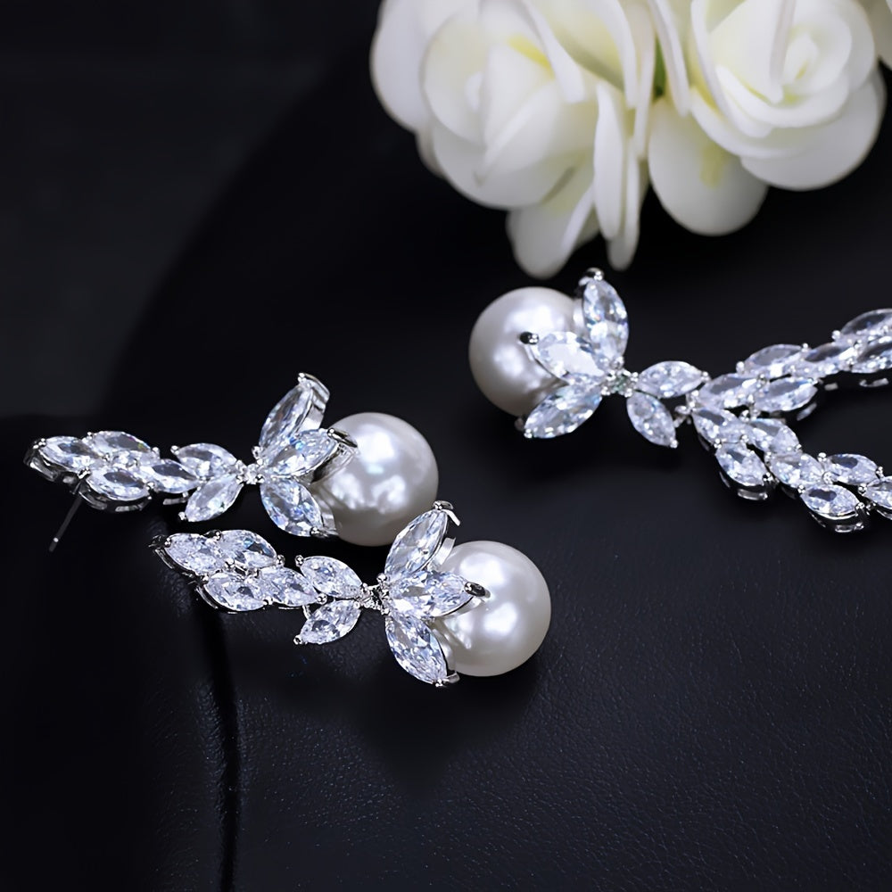 Bridal Jewelry Set with Pearl Pendant Necklace and Earrings Synthetic Cubic Zirconia White