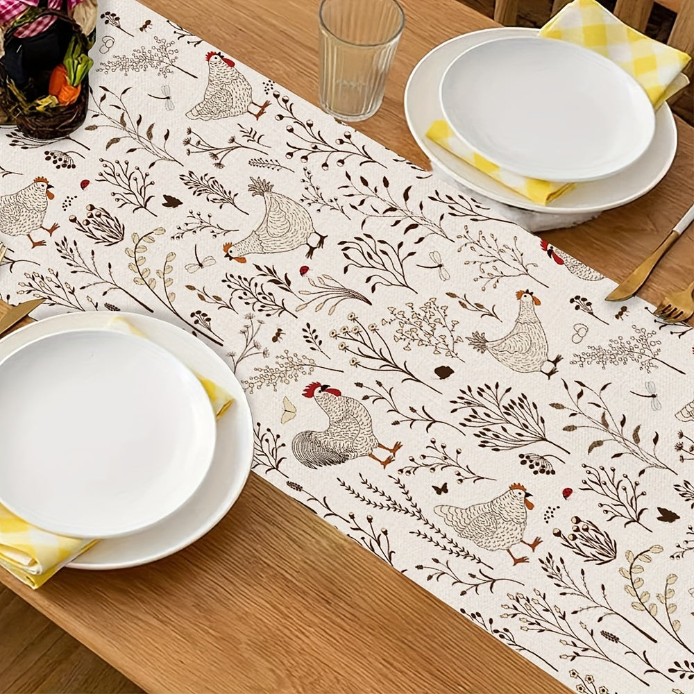 Farmhouse Style Rooster and Hen Pattern Table Runner for Holiday and Easter Decor