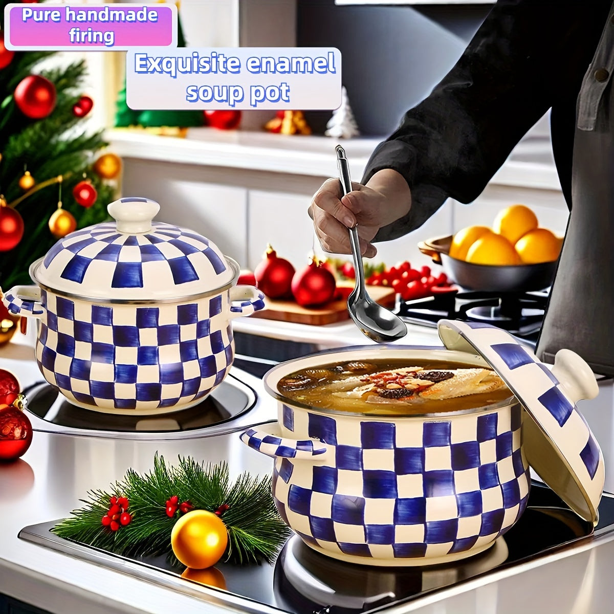 Enamel Saucepan with Lid Blue and White Checker Pattern 8.66-Inch Large Capacity Soup Pot