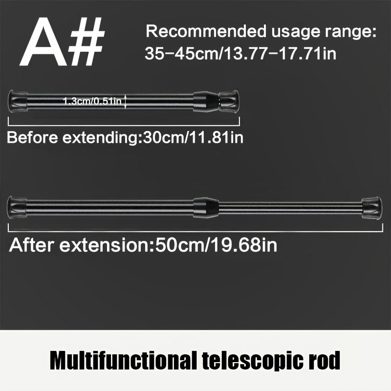 Turli joylarda oson o'rnatish uchun sozlanadigan spring kuchi bilan ko'p maqsadli metall pardalar tayoqchasi.