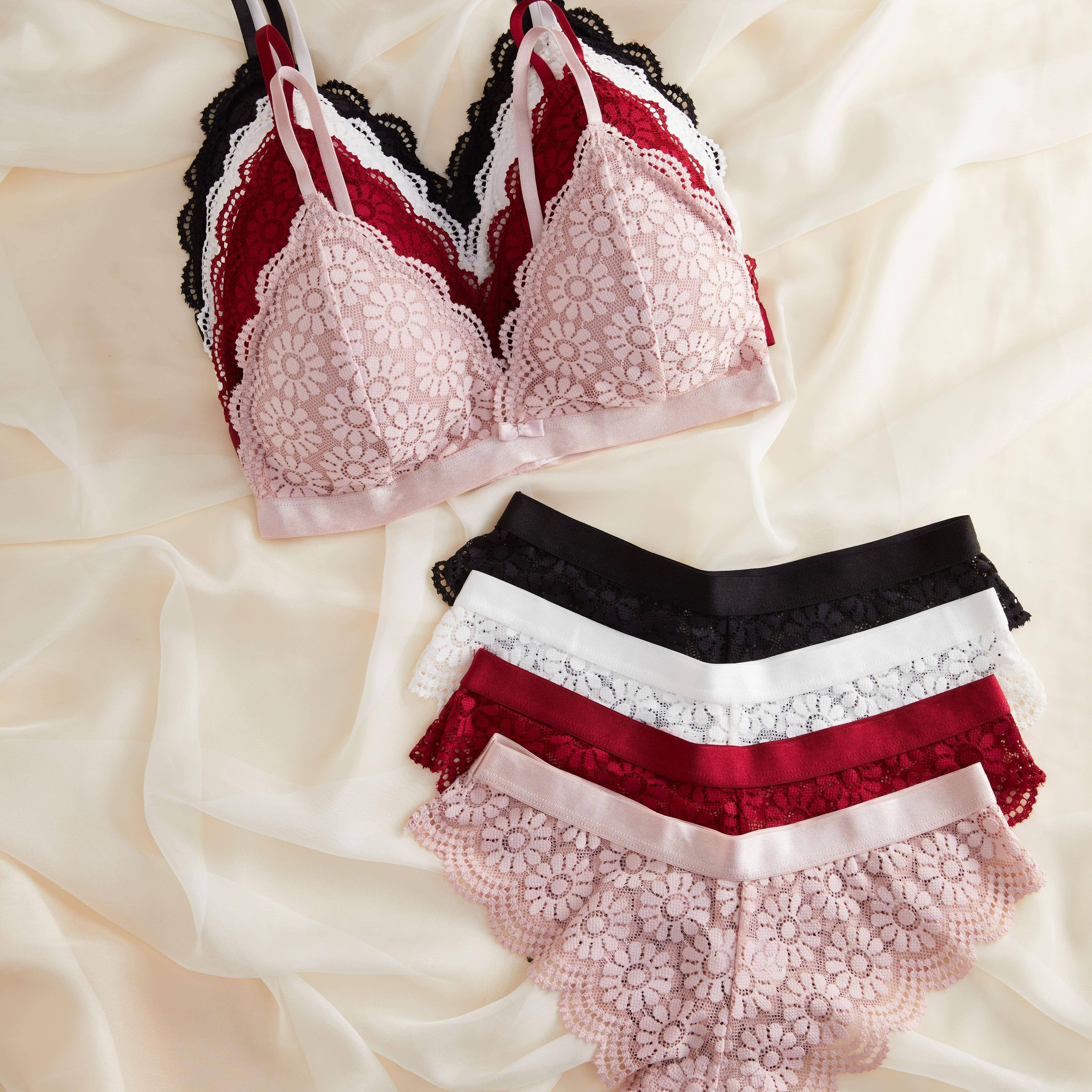 Floral Lace Lingerie Set with Triangle Cups and Scallop Trim Panties