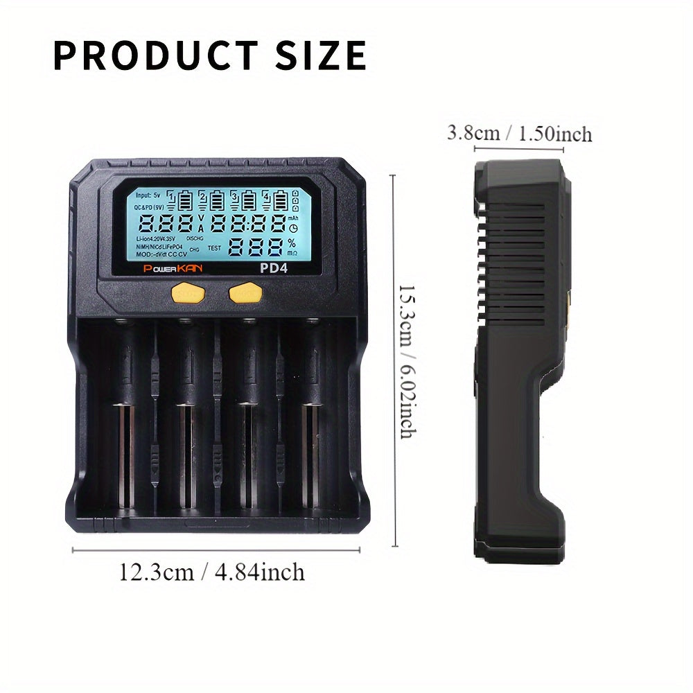 4-Slot USB Rechargeable Battery Charger with LCD Screen and Intelligent PD Charging for 18650 LiFePO4 Ni-MH Ni-CD Batteries