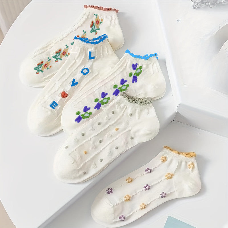 Women Floral Print Socks 5 Pairs Ankle Socks Lettuce Trim Ditsy Pattern