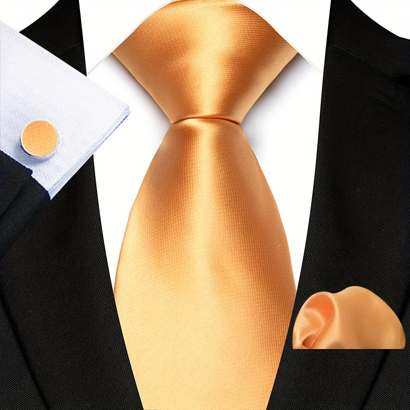 Men's Set of 3 Plain Color Ties with Square Handkerchief and Cufflinks for Gifting