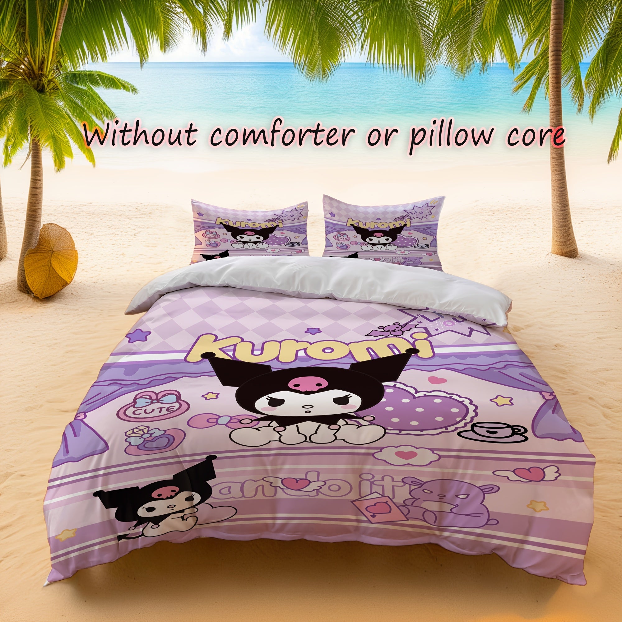 Anime Polyester Bedding Set for Teens Purple Duvet Cover with Zipper Closure