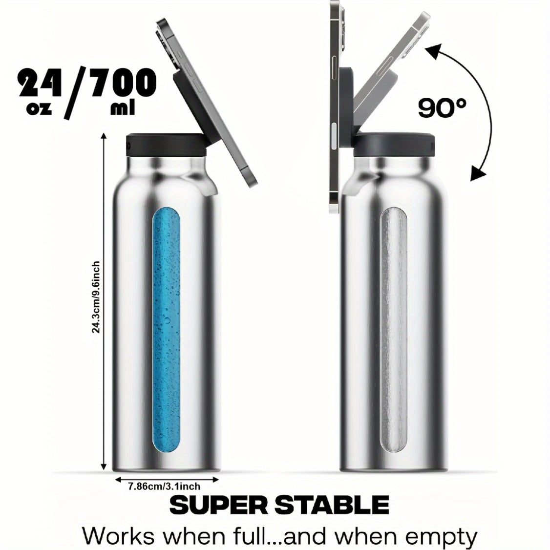 24oz Insulated Stainless Steel Water Bottle with Phone Holder and Magnetic Mount