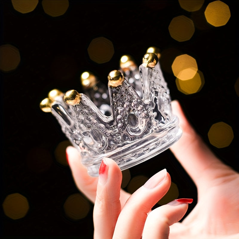 Unisex Crystal Glass Ashtray Octagonal Crown-Shaped Gold Accents