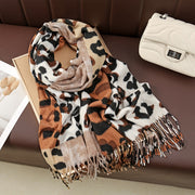 Faux Fleece Leopard Print Scarf with Tassels Warm Cozy Fashion Accessory