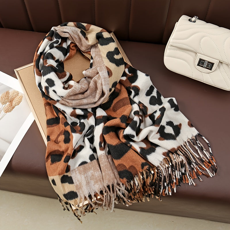 Faux Fleece Leopard Print Scarf with Tassels Warm Cozy Fashion Accessory