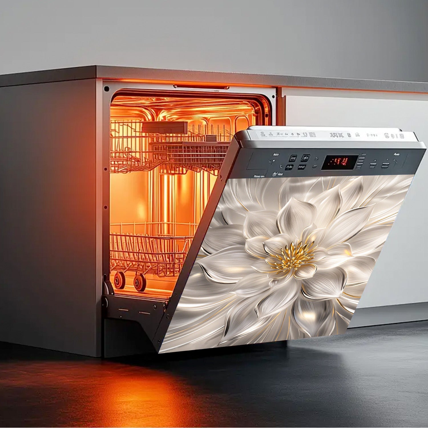 3D Lotus Pattern Dishwasher Magnetic Cover Waterproof Heat-Resistant Kitchen Decor Accessory