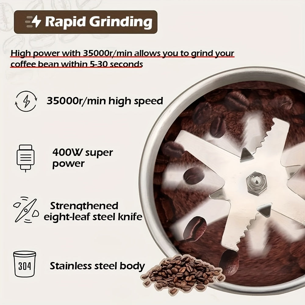 Electric Stainless Steel Coffee Grinder for Beans, Spices, Nuts, 10 Sec