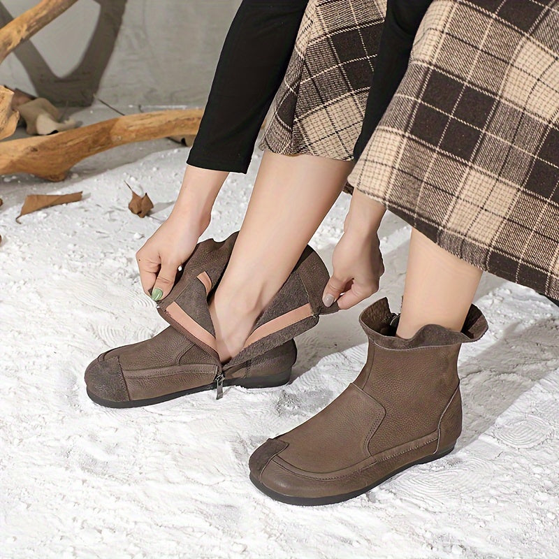 Women's Genuine Leather Mid-Calf Ankle Boots with Low Heel and Zipper