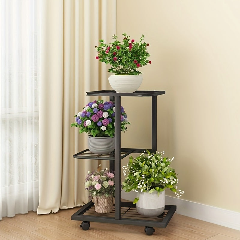 Metal Plant Stand on Wheels with Lacquered Finish and Plaid Pattern for Indoor Outdoor Use