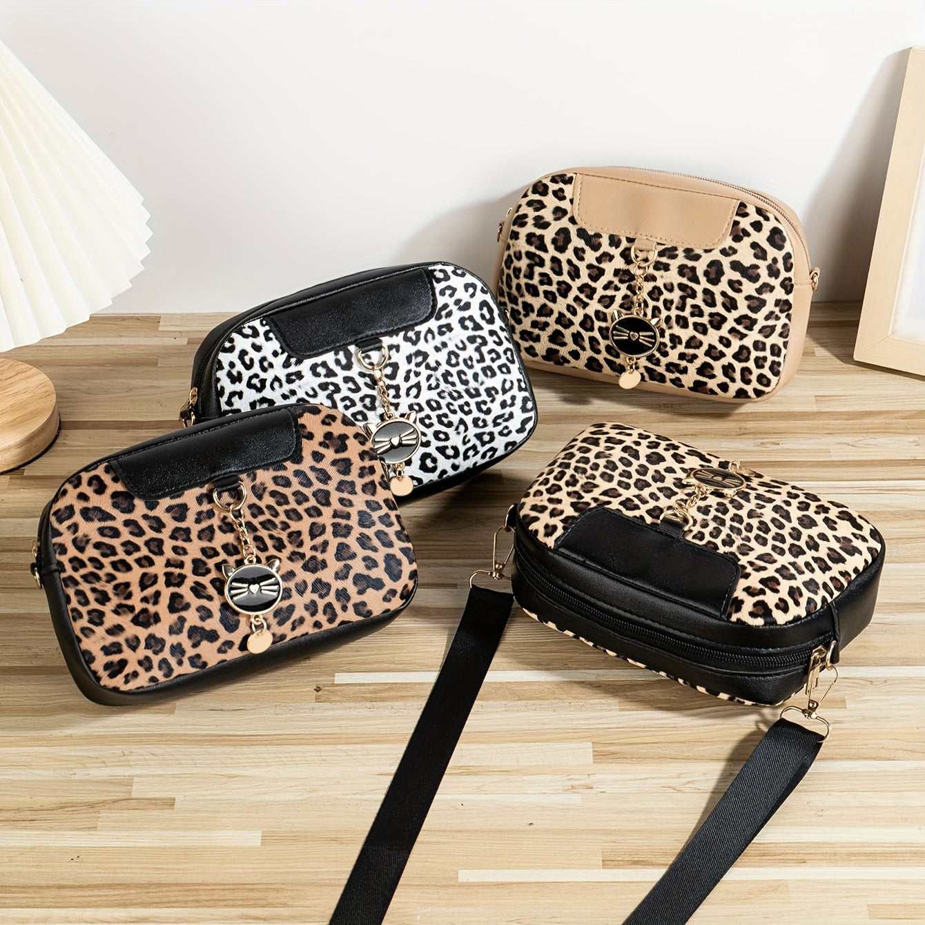 Leopard Print Crossbody Bag for Women with Adjustable Strap Cat Charm Zipper Closure