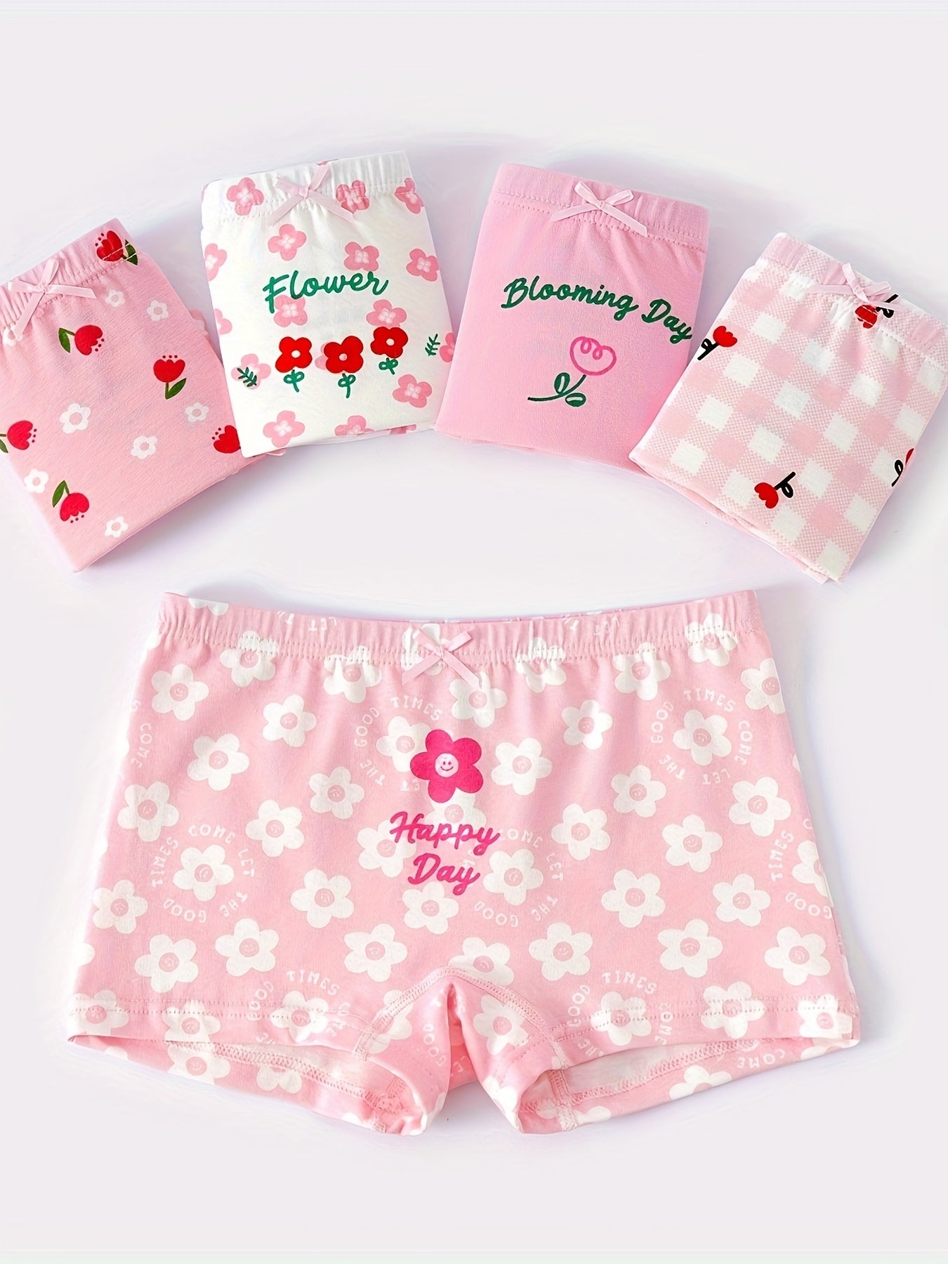 Girls Cotton Boxer Briefs 5-Pack with Floral and Cartoon Patterns Medium Stretch Knit All-Season Comfort
