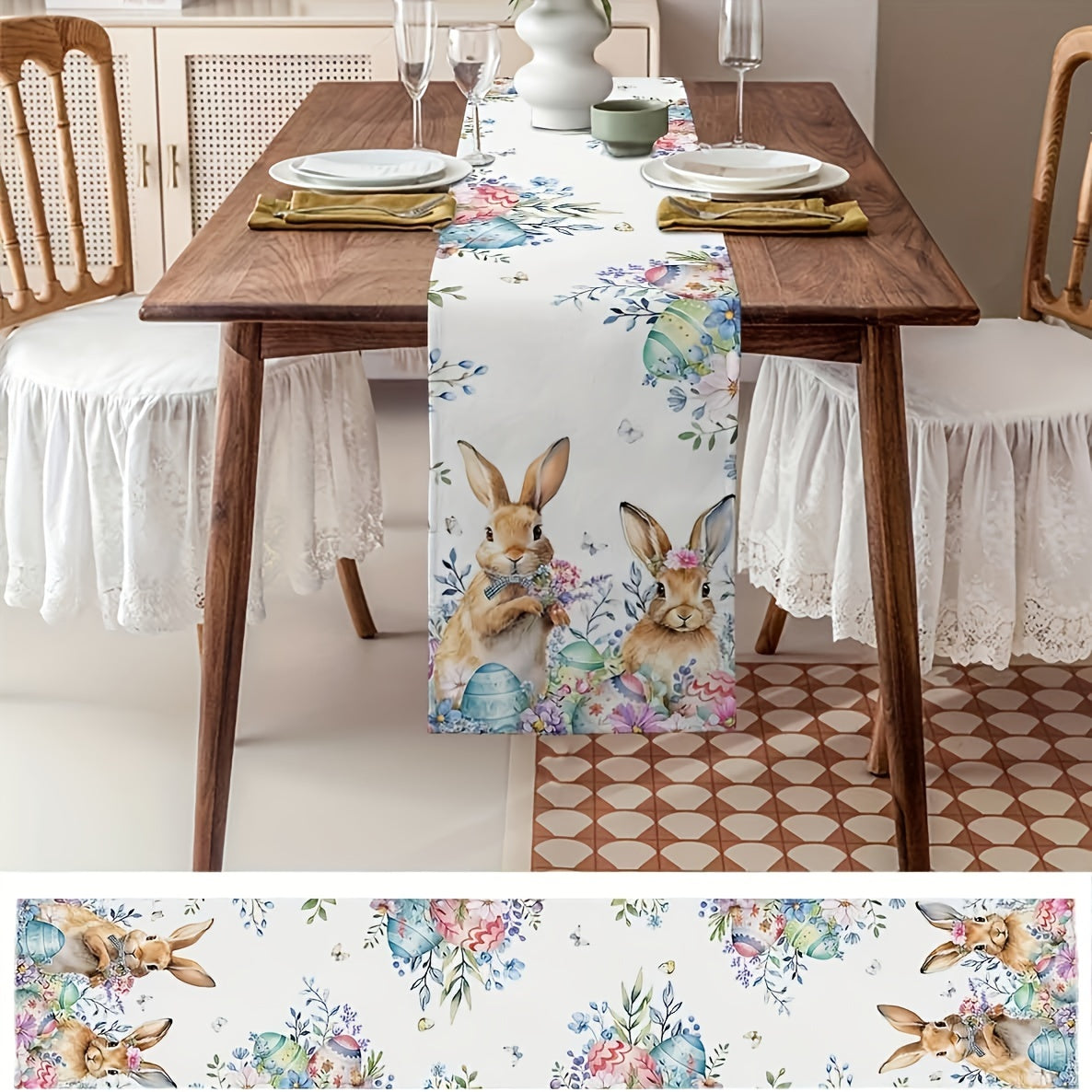 Polyester Easter Table Runner with Bunny and Egg Pattern for Holiday Parties