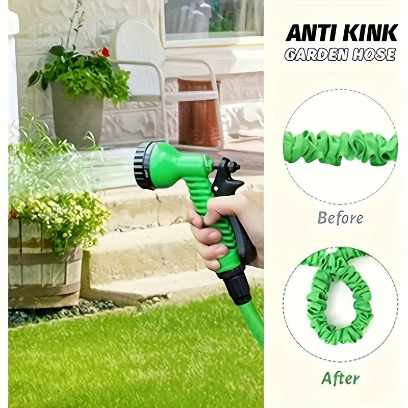 Expandable Green Rubber Garden Hose 30ft with High-Pressure Spray Gun and Anti-Kink Nozzle
