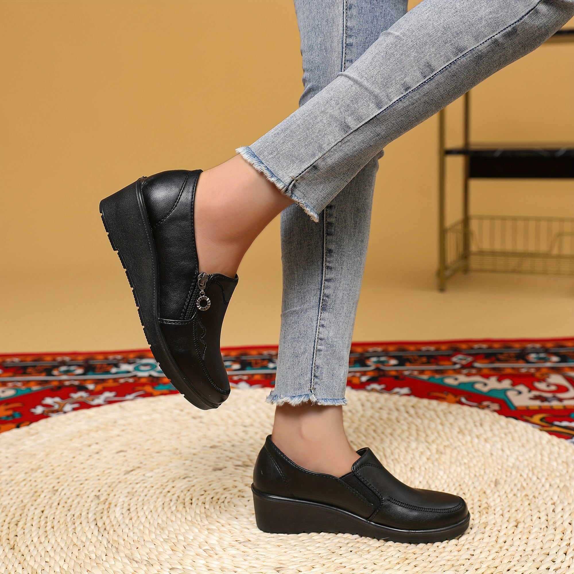 Women’s Embroidery Detail Leather Loafers – Comfortable Flat Shoes for Work and Casual