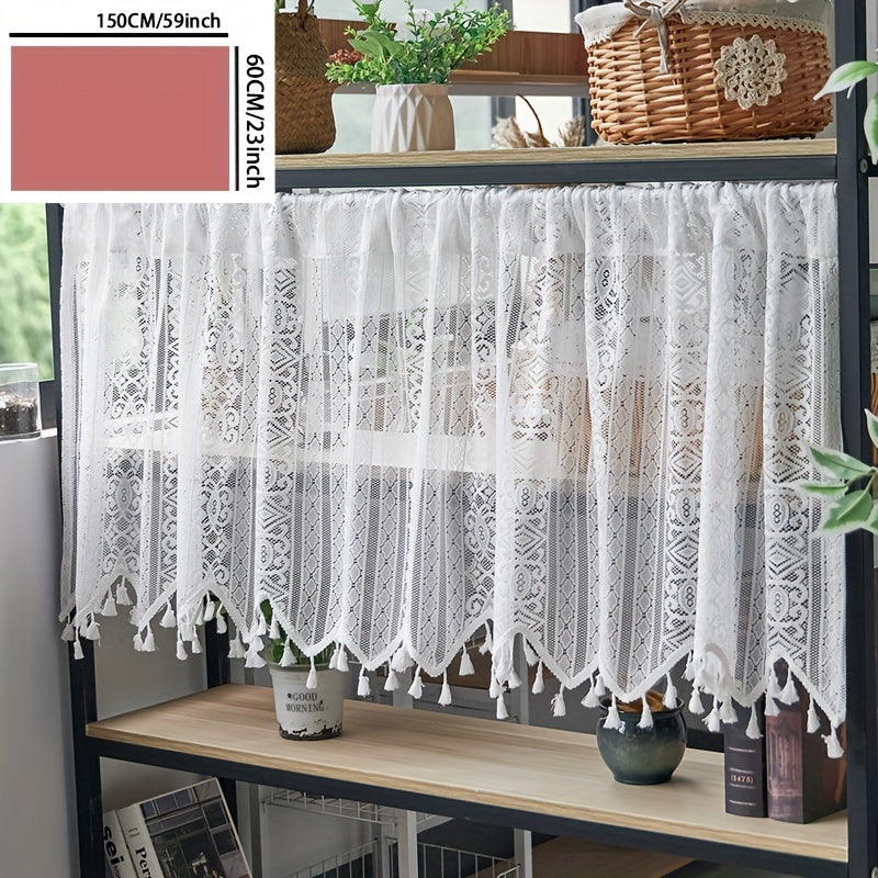 Boho Geometric Lace Tassel Cafe Curtain Tiers Polyester Semi-Sheer Thermal Insulated