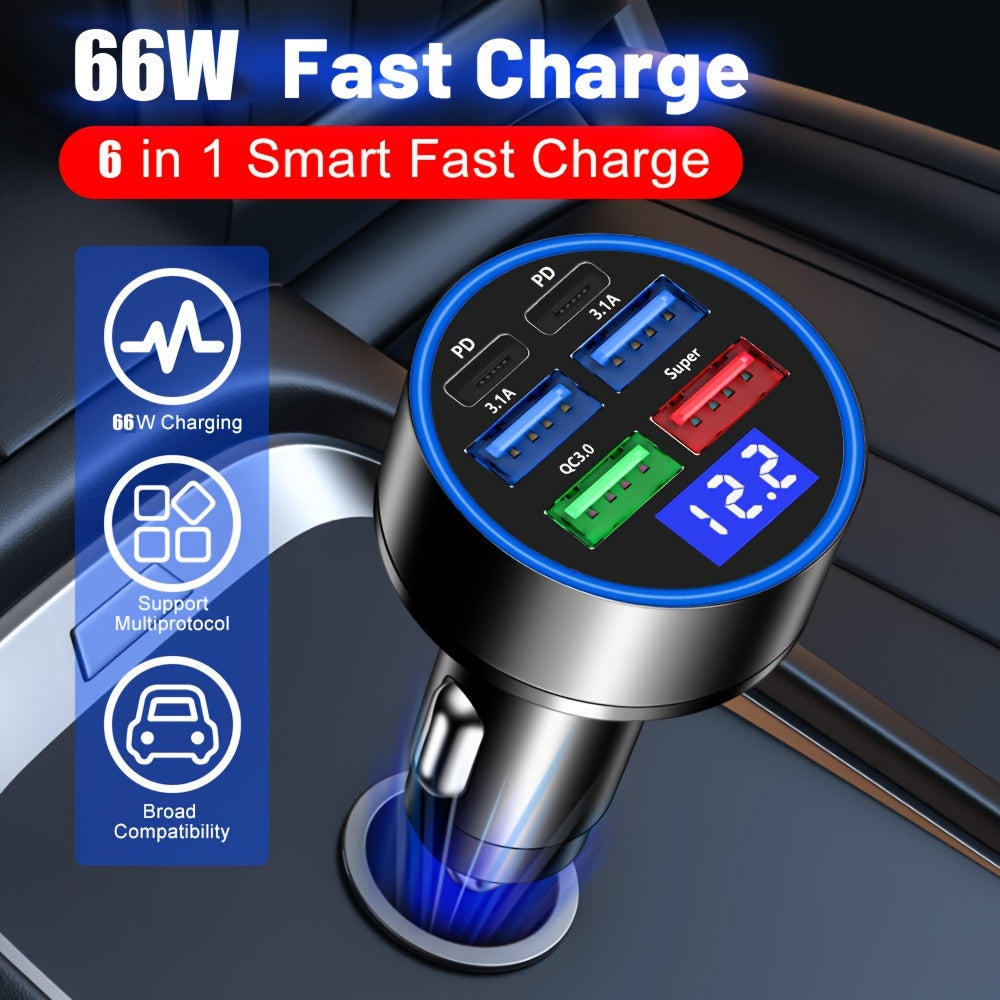 66W Car Charger with Voltage Display 6-Port Fast Charging USB PD for 12-24V Vehicles