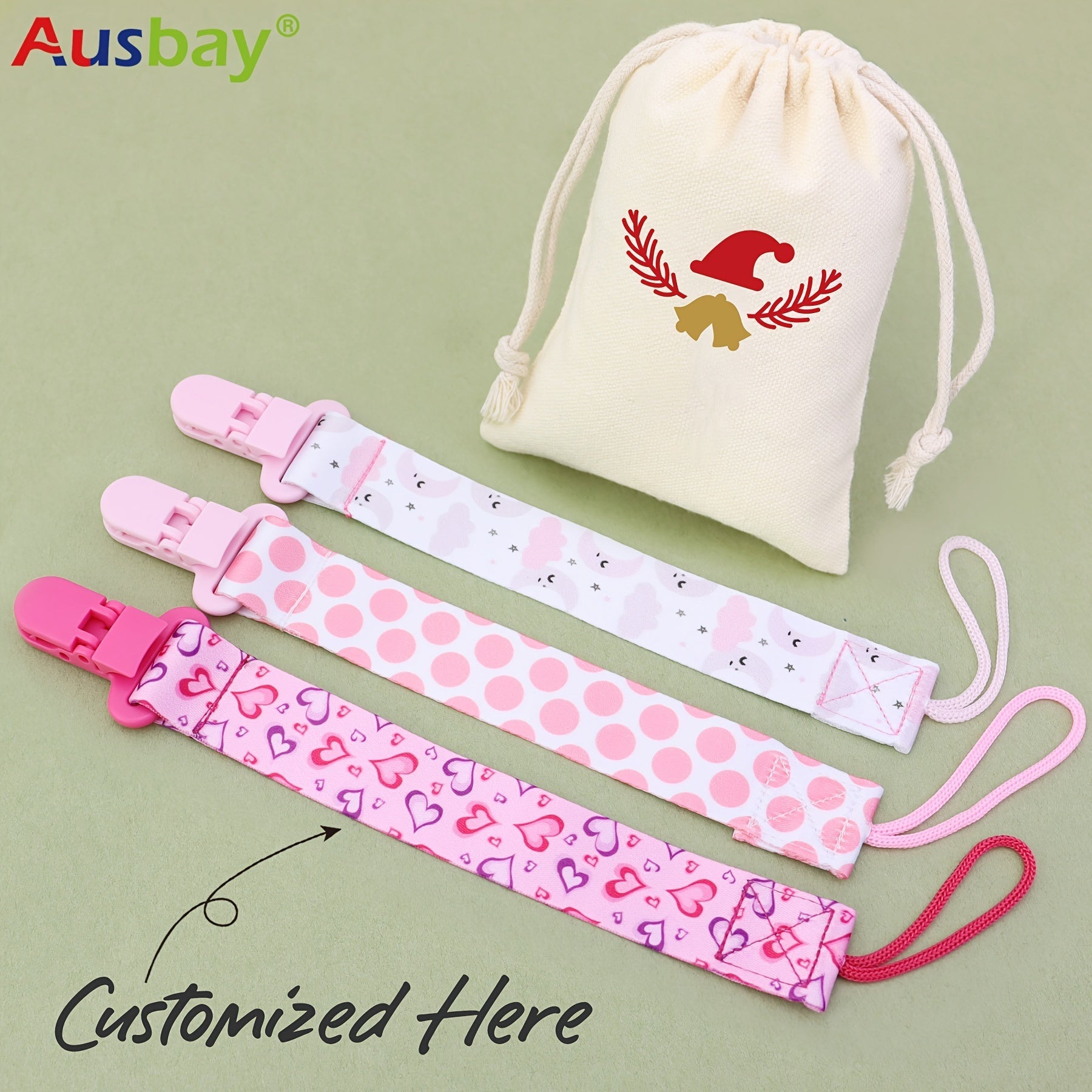 Personalized Baby Pacifier Holder Clips in Custom Gift Bags for Boys and Girls