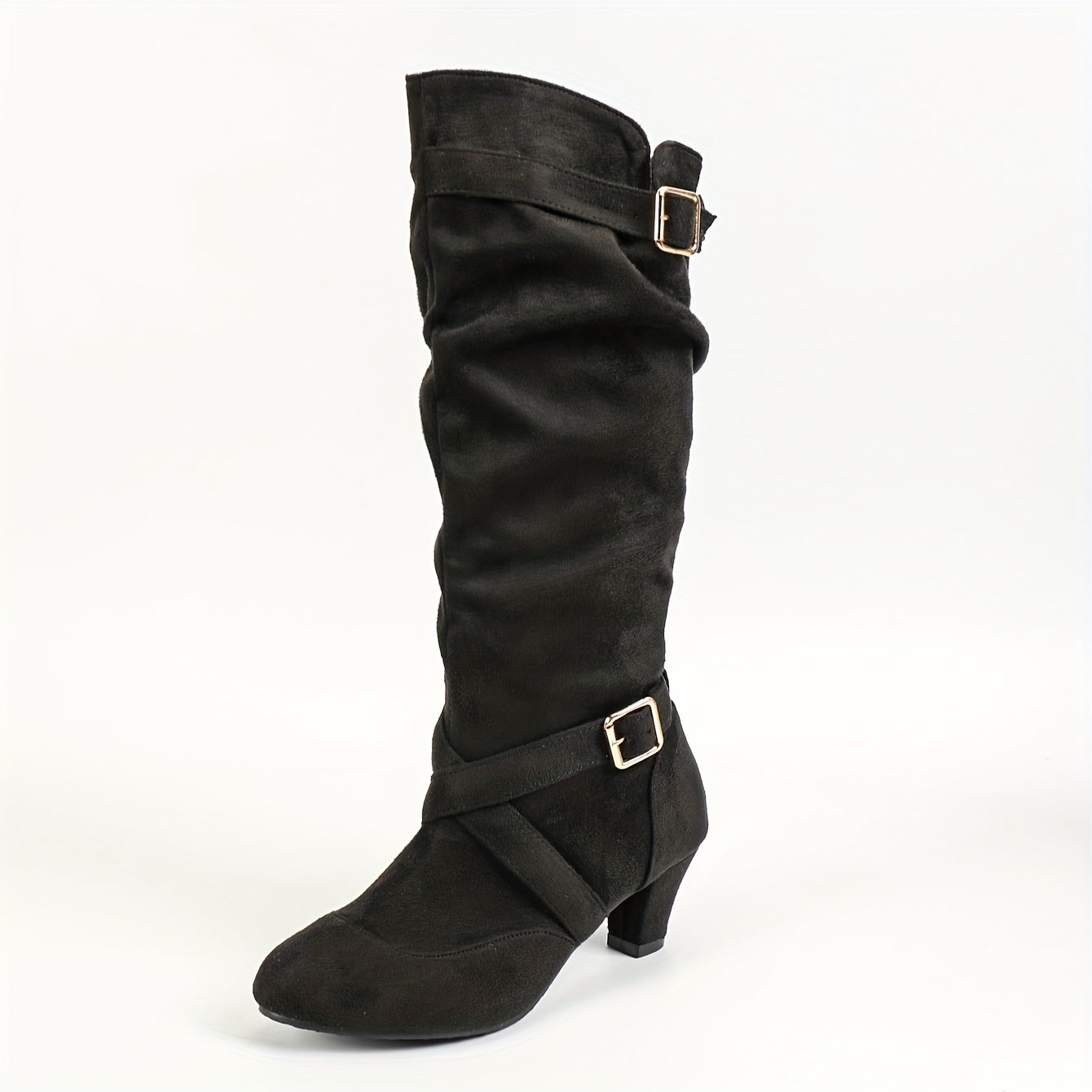 Women's Black Short Tube High Heel Boots Thick Heel Winter Mid-Calf Laced Shoes