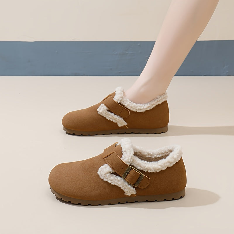 Women's Flannel-Lined Ankle Booties Casual Flat Heel Buckle Closure