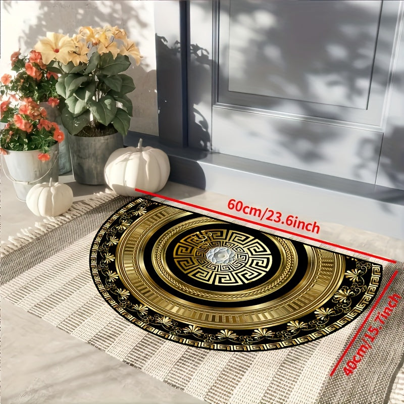 Semi-Circular Black and Gold Floral Rug Non-Slip Indoor Outdoor Polyester