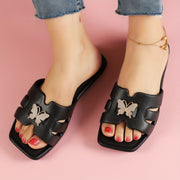 Women's Butterfly Decor Flat Slides with Square Open Toe Casual Summer Beach Shoes