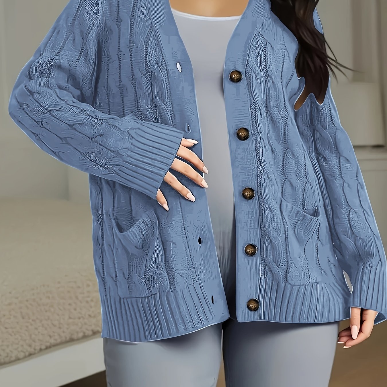Plus Size Women's Solid Color Cable Knit Open Front Long Sleeve Cardigan