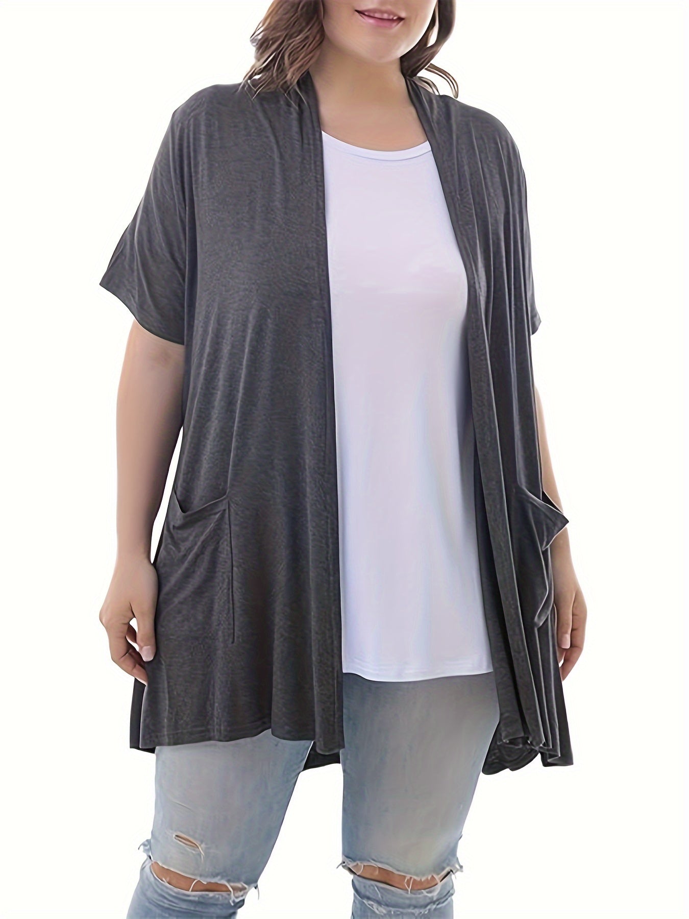Women's Plus Size Short Sleeve Knit Cardigan with Pockets