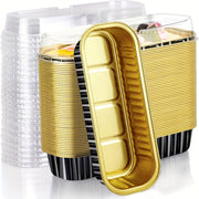 Set of 10 Aluminum Foil Mini Loaf Pans with Transparent Lids for Baking Cakes and Cupcakes in Black Pink and Gold