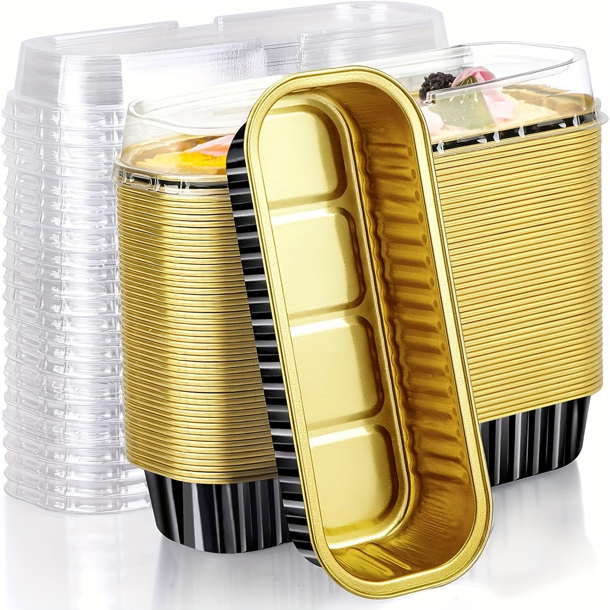 Set of 10 Aluminum Foil Mini Loaf Pans with Transparent Lids for Baking Cakes and Cupcakes in Black Pink and Gold