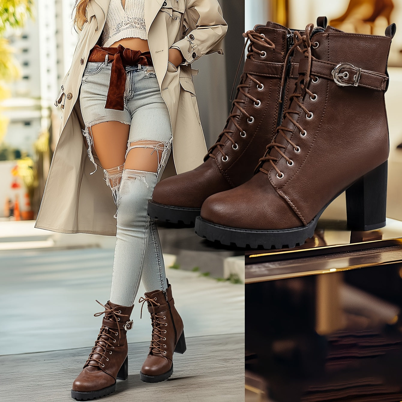 Women Mid-Heel Platform Boots Solid Color Round Toe Lace-Up