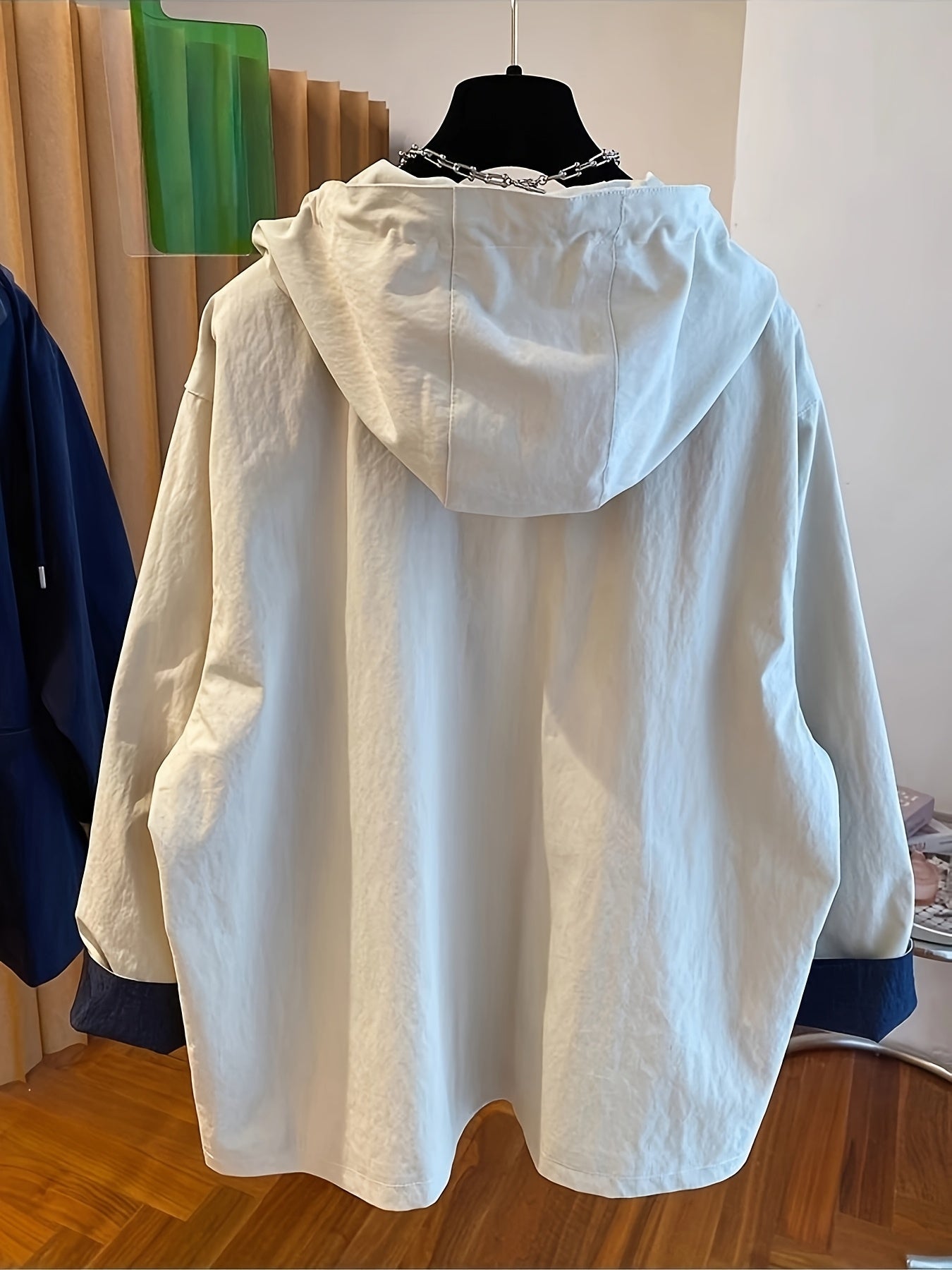 Women's Hooded Windbreaker Jacket Spring Fall Loose Fit Polyester Solid Color