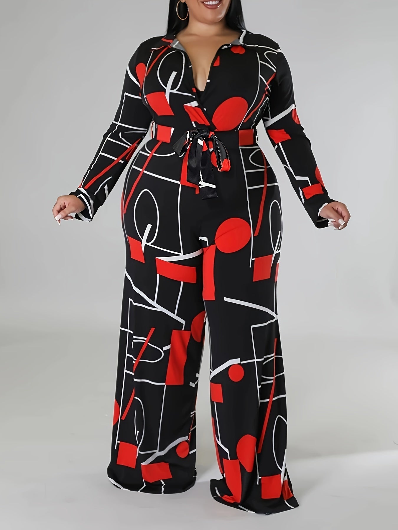 Plus Size Polyester Knit Jumpsuit with Lapel Collar Belt Geometric Print