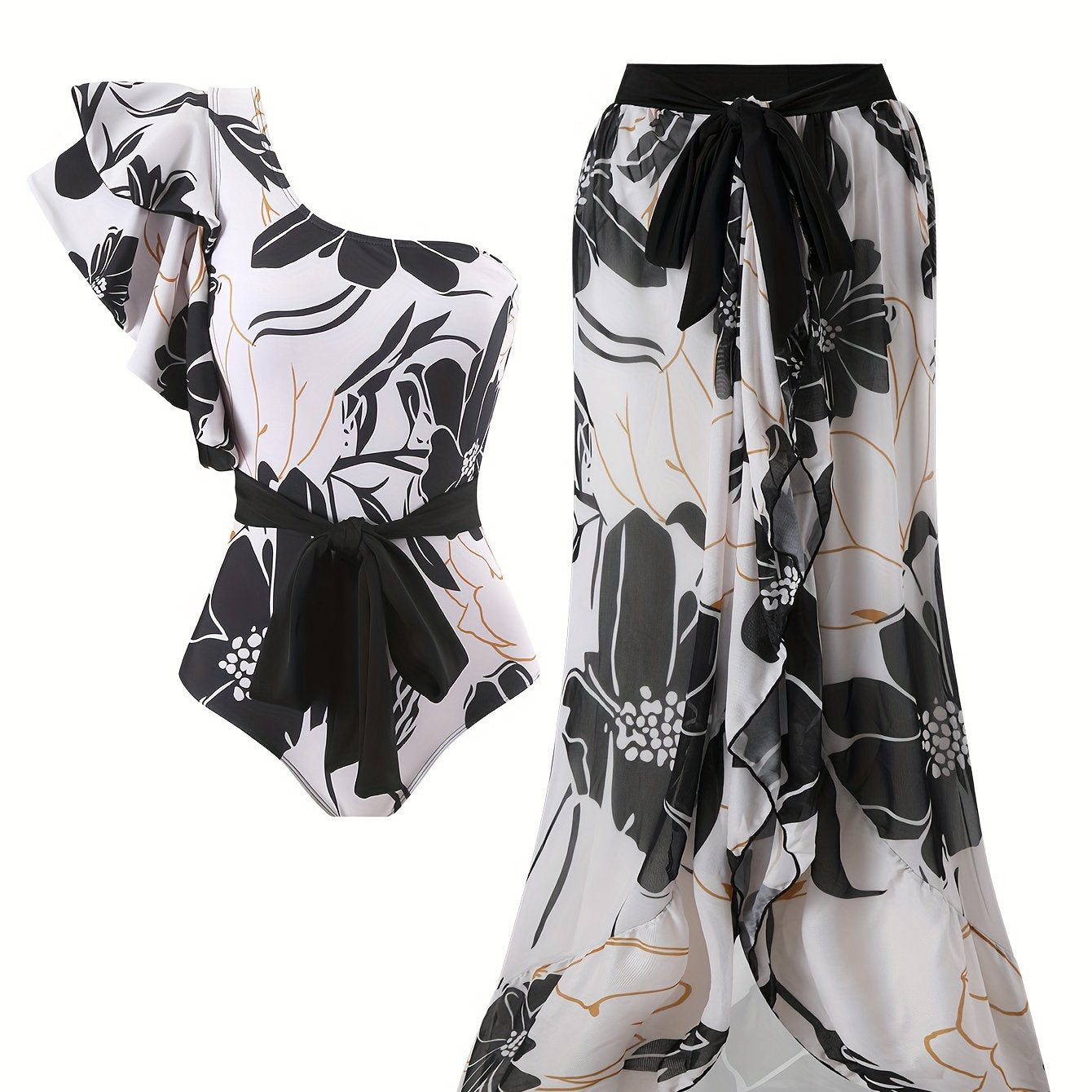 Women's Floral One-Shoulder Swimsuit Set with Blue Leaf Print High-Waisted Bottoms Ruffled Top Polyester Spandex