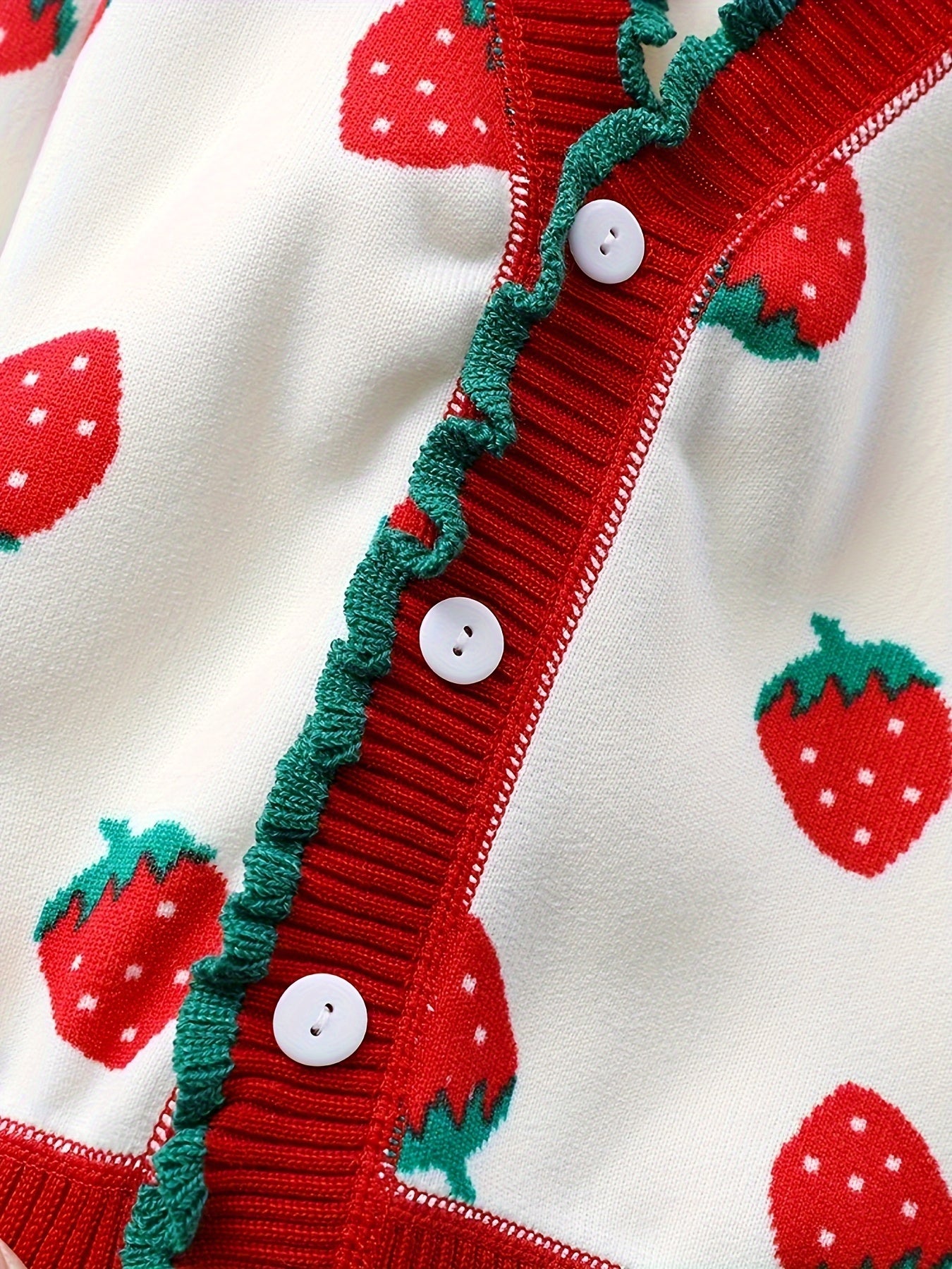 Kids Girls Knitted Cardigan with Strawberry Print Polyester Crew Neck Fall Winter