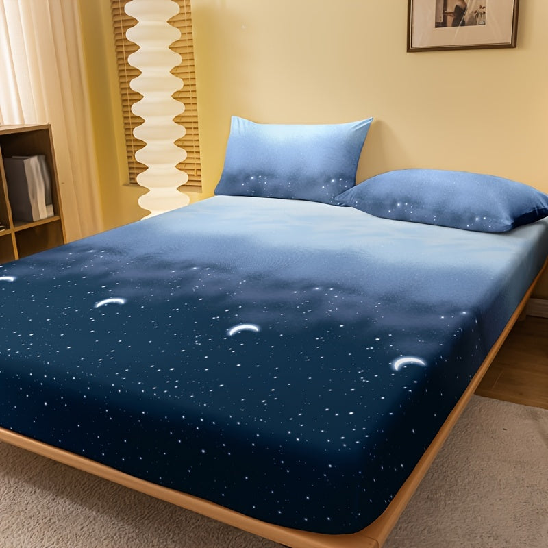 Starry Night Brushed Fitted Sheet Polyester Deep Pocket Bed Sheet for Bedroom and Guest Room