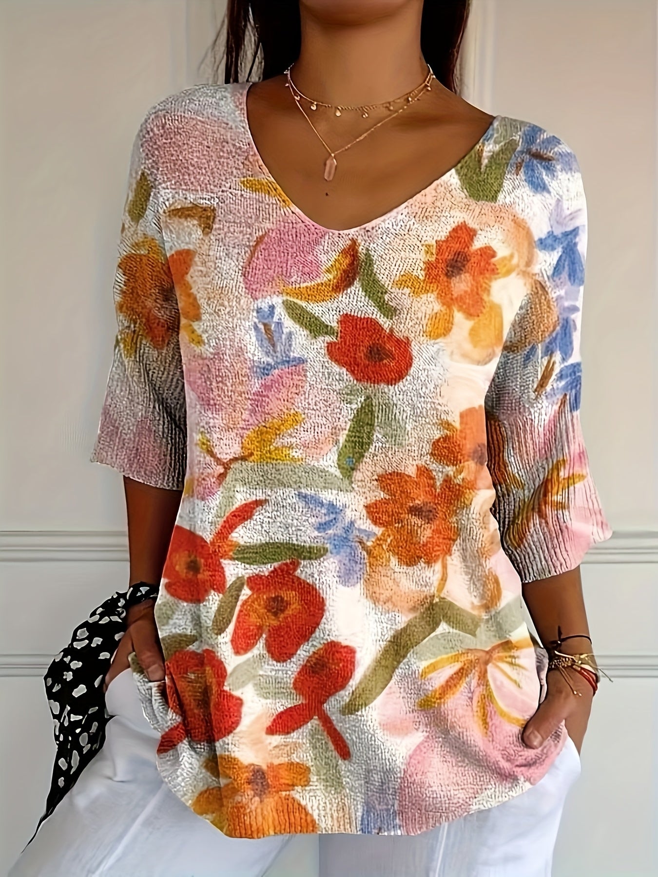 Women's Floral Print V-Neck Sweater Lightweight Knit Pullover for Spring and Fall