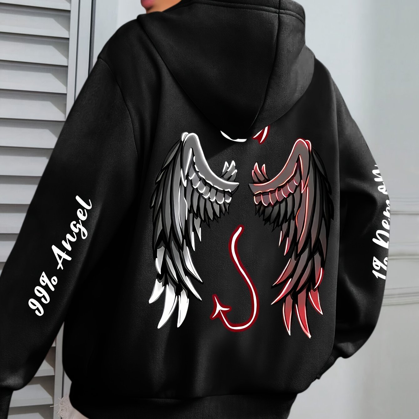 Plus Size Women's Angels & Demons Print Hoodie Long Sleeve Sweatshirt