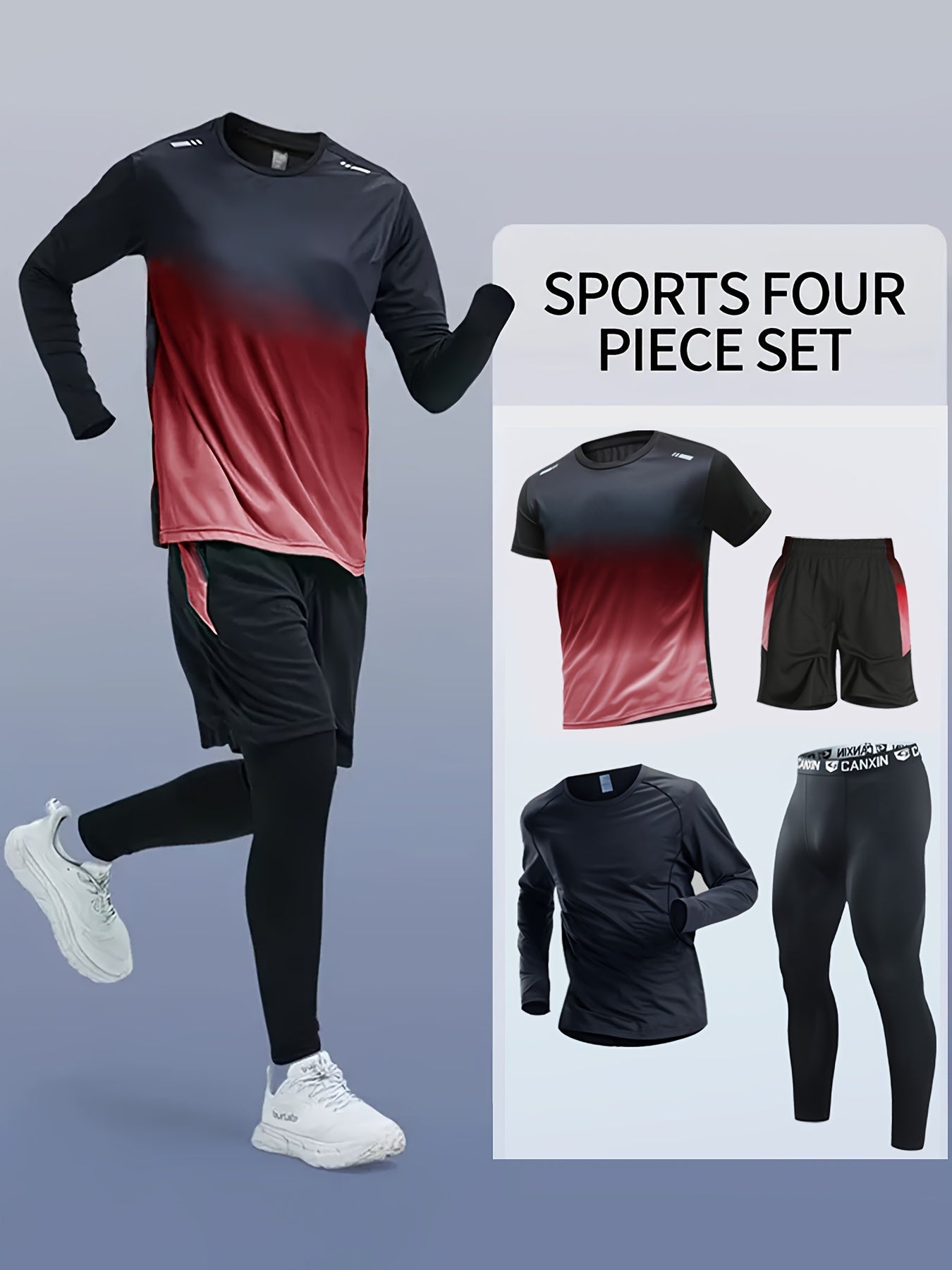 Men's Athletic Set Long Sleeve Tee Shorts Compression Pants Leggings Gradient Colors Breathable High-Elasticity Sports Training