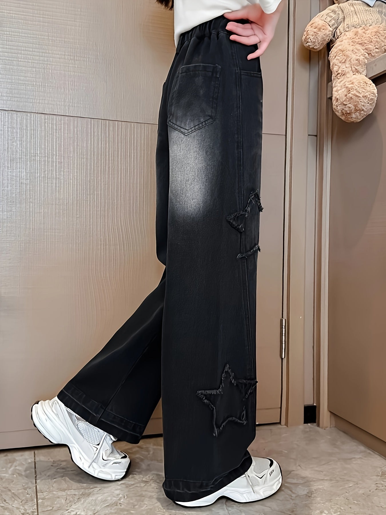 Girls Black Denim Jeans with Elastic Waist Straight Leg Street Style for Ages 9-15