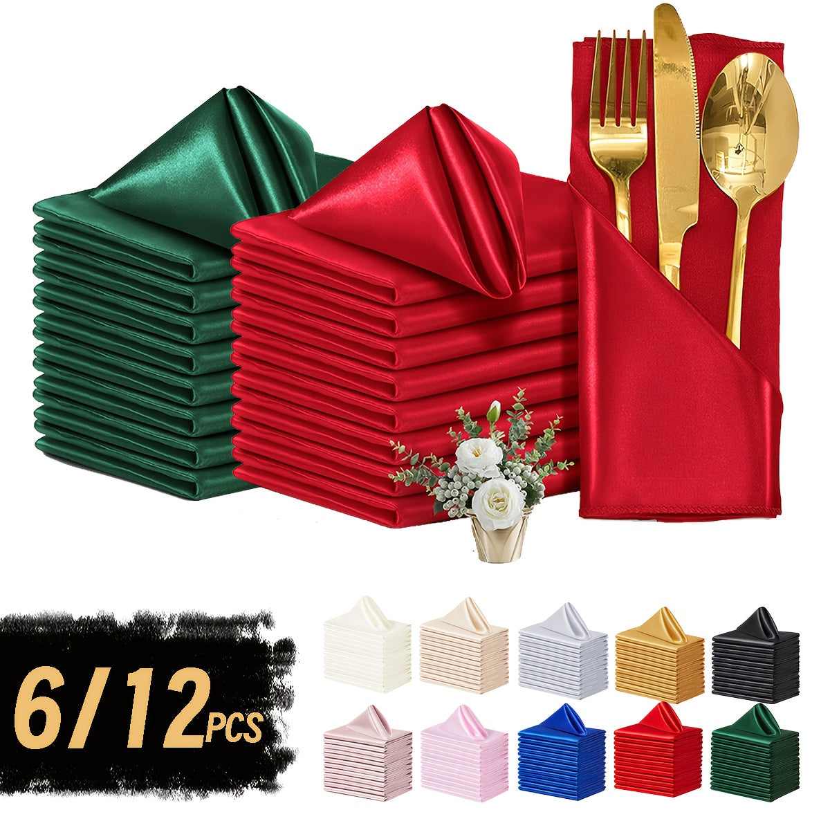 Juego de 6/12 servilletas de satén elegantes para cenas, colores sólidos, ideales para bodas, fiestas y Navidad