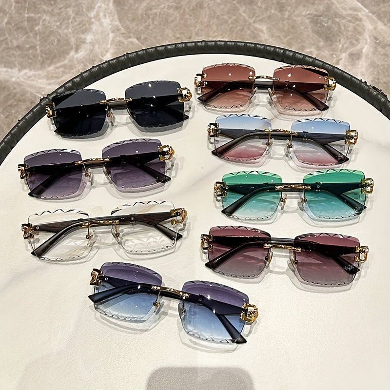 Модные безободковые очки с металлическим леопардовым акцентом и градиентными линзами для пляжа и активного отдыха