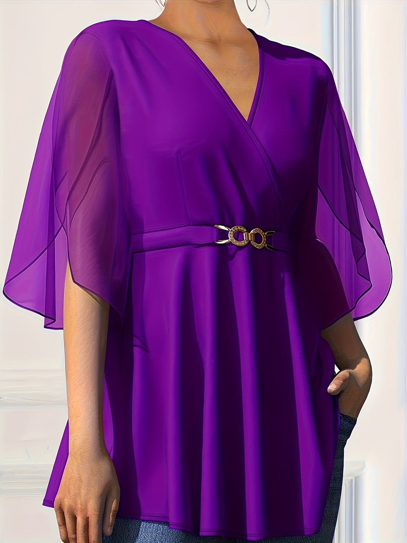 Women's Chiffon V-Neck Top With Cinched Waist Lightweight Comfortable