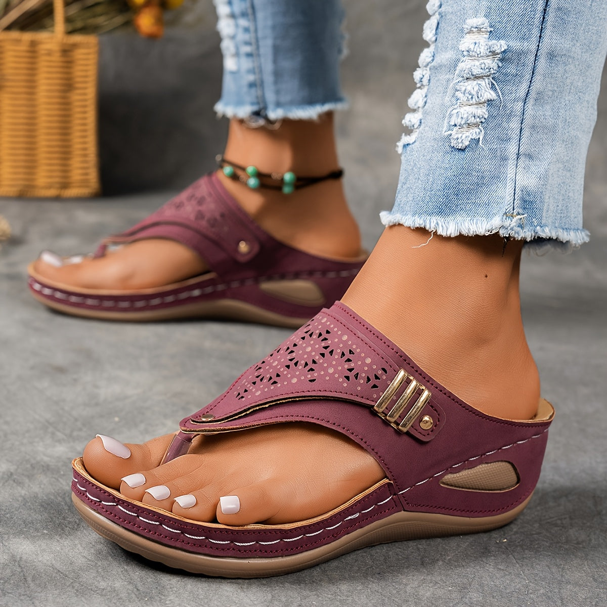 Women's Platform Wedge Sandals Slip-On Thong Cut-Out Beach Casual