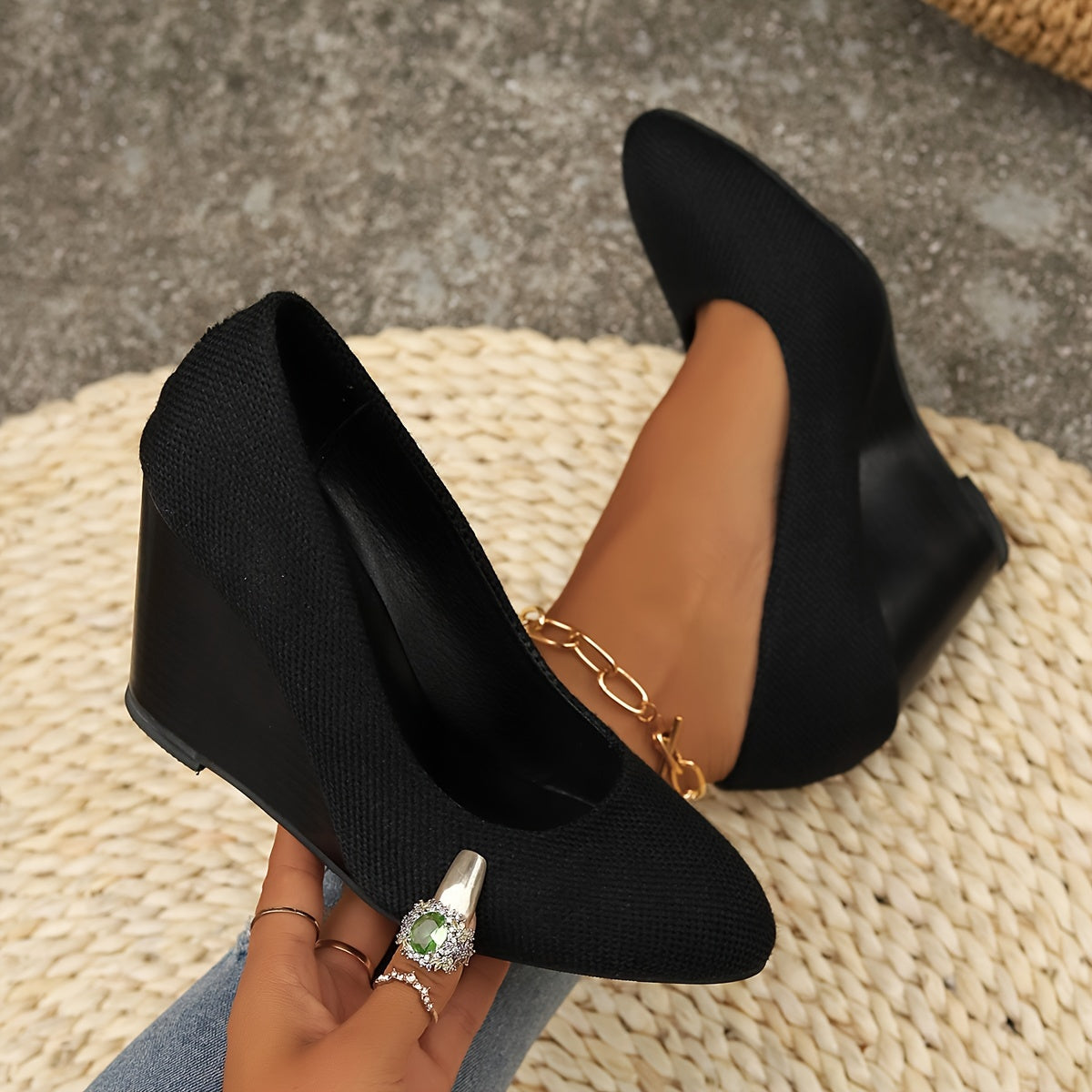 Women Black Wedge Heels Slip-On Comfortable Party Casual Striped Fabric