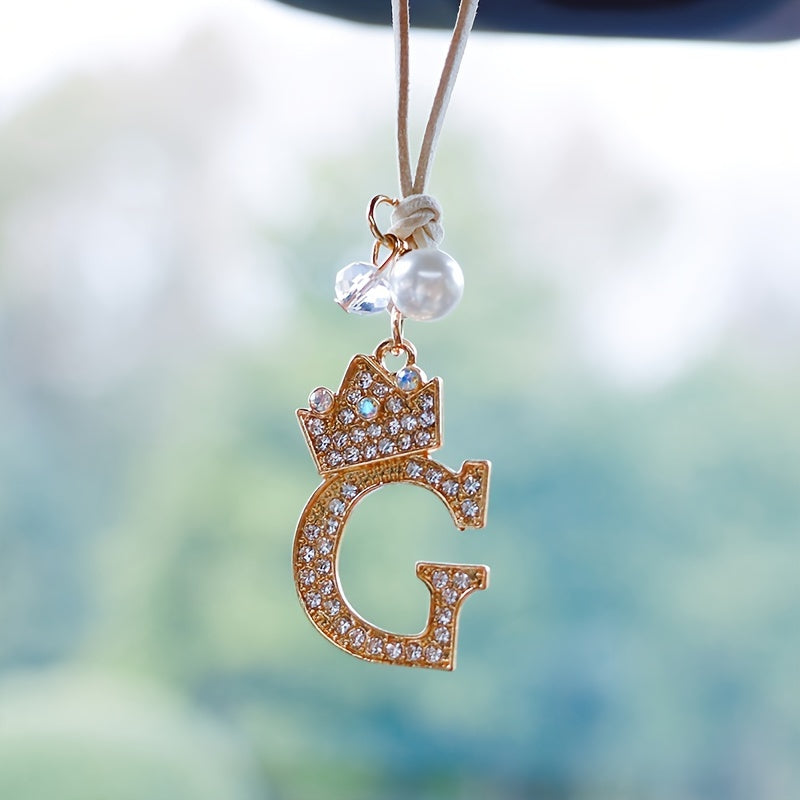 Alphabet Car Mirror Charm Set with Sparkling Crown Pendants for Vehicle Decoration