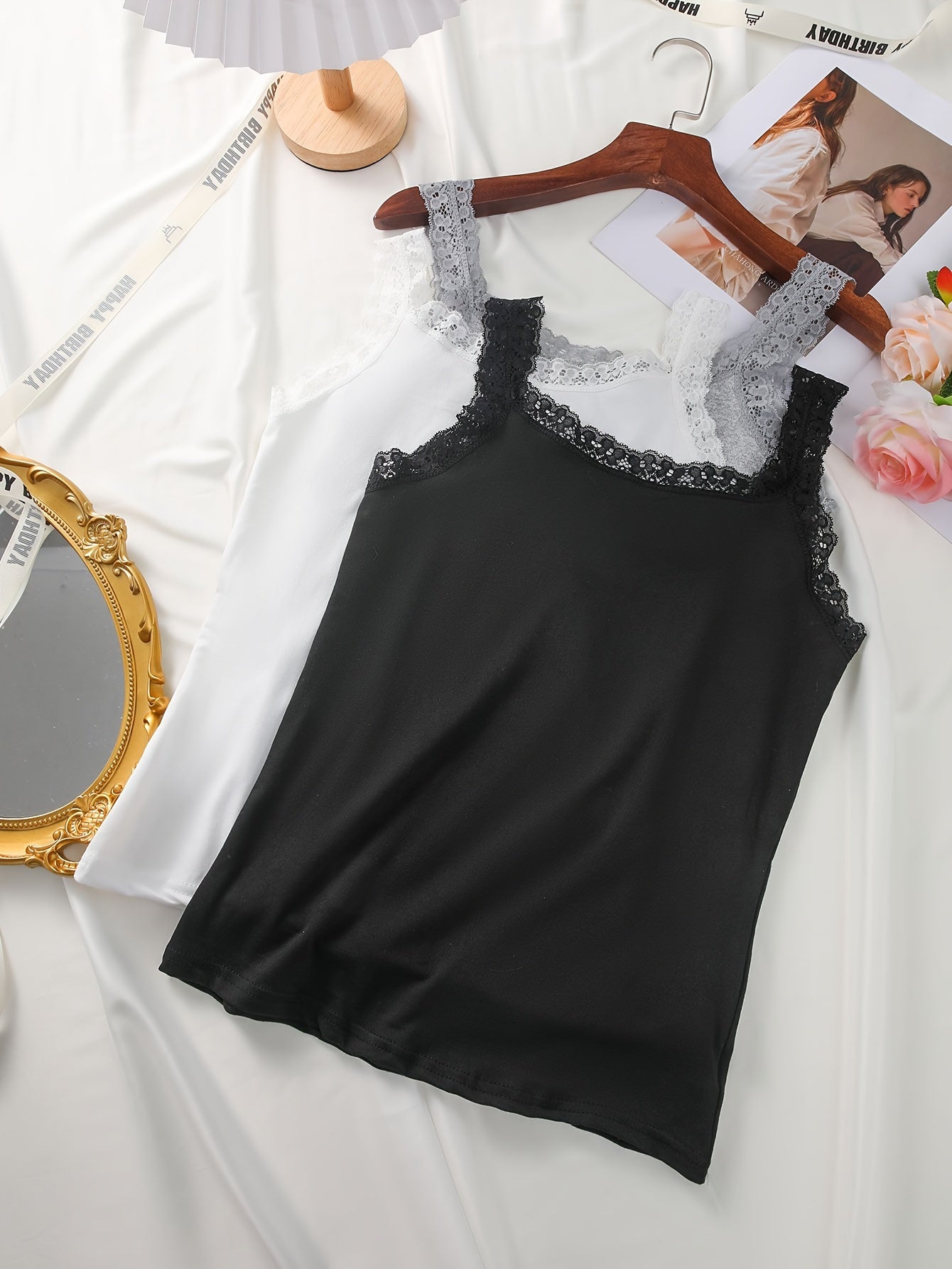 Women's Lace Trim Cami Top in Pink and Beige Breathable Nylon Elastane Blend